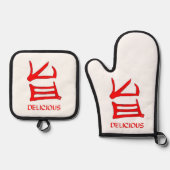 Kanji Heerlijke rode witte ovenwanten pothouders Ovenwant & Pannenlap Set (Voorkant)