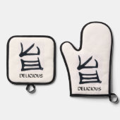 Kanji Heerlijke zwarte witte ovenwanten pottenhoud Ovenwant & Pannenlap Set (Voorkant)