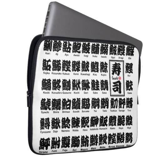 [Kanji] Vele soorten vissen op Sushi Laptop Sleeve (Voorkant Rechts)