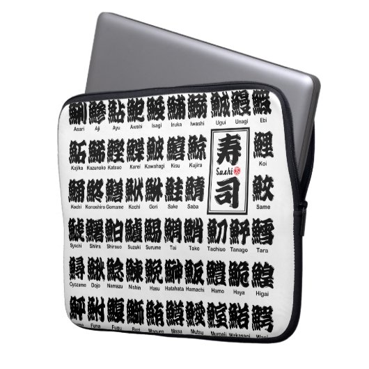 [Kanji] Vele soorten vissen op Sushi Laptop Sleeve (Voorkant Links)