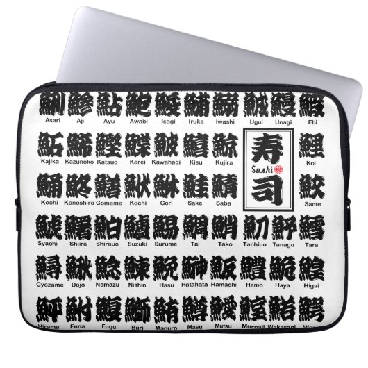 [Kanji] Vele soorten vissen op Sushi Laptop Sleeve (Voorkant)