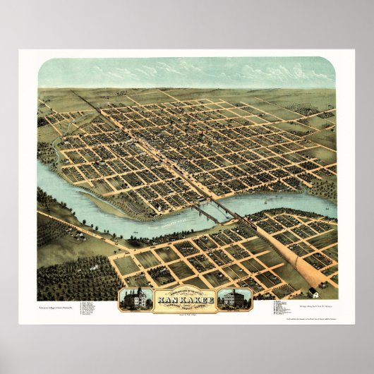 Kankakee, IL Panorama Map - 1869 Poster (Voorkant)