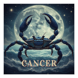 Kanker Dierenriem Blauwe Krab Maanverlichte Oceaan Perfect Poster
