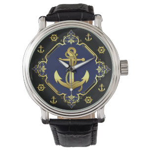 Kanker/wiel van het schip/goud/zwart/marine horloge
