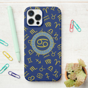 Kanker Zodiac+Astrology Symbolen Patroon Gold+Blue iPhone 12 Pro Max Hoesje