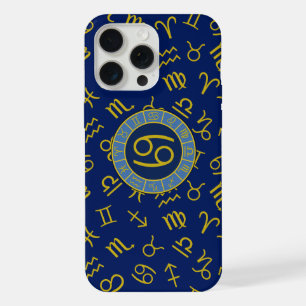 Kanker Zodiac+Astrology Symbolen Patroon Gold+Blue iPhone 15 Pro Max Case