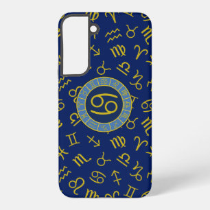 Kanker Zodiac+Astrology Symbolen Patroon Gold+Blue Samsung Galaxy Hoesje