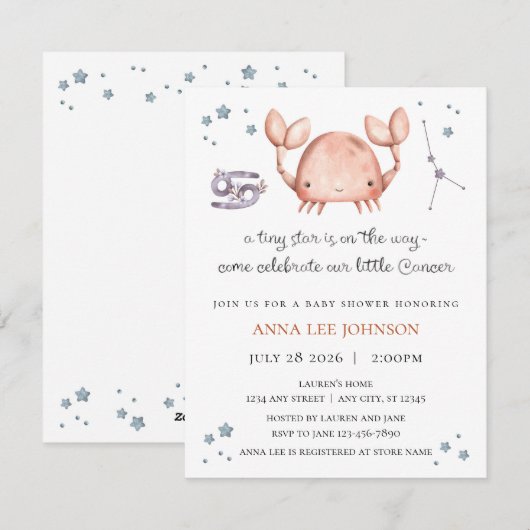 Kanker Zodiac Baby Shower Uitnodiging (Voorkant / Achterkant)