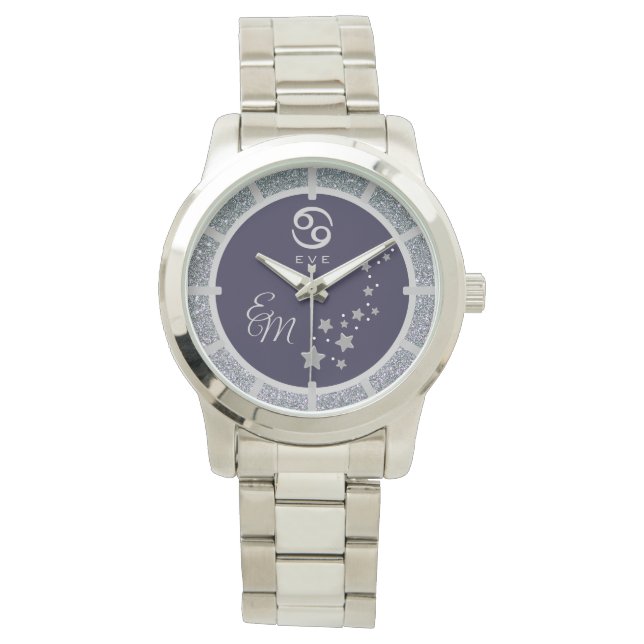 Kanker Zodiac Silver Glitter Dark Blue Monogrammed Horloge (Voorkant)