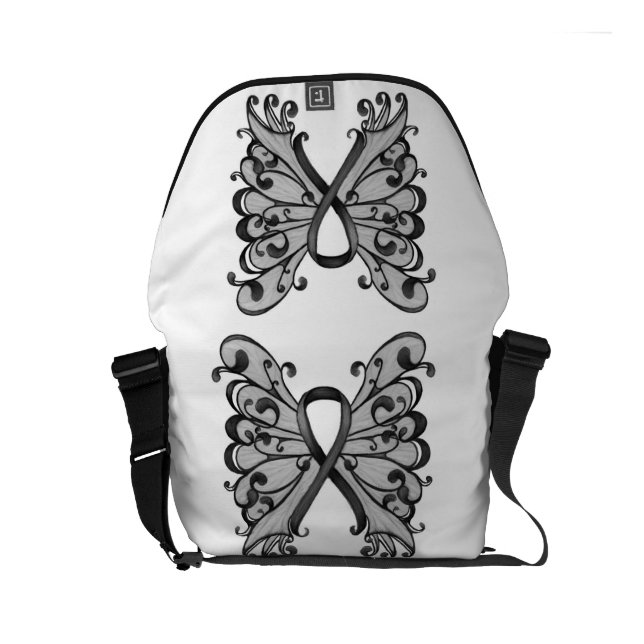 Kankerlint zwart met Butterfly Wings, Melanoma Messenger Bag (Achterkant Open)