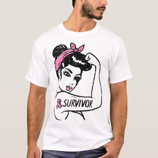 Kankeroverlevende Rosie Riveter Pink Awareness Wom T-shirt (Voorkant)