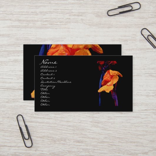 Kanna Lilies op zwart met blauw Visitekaartje (Voorkant / Achterkant in situ)