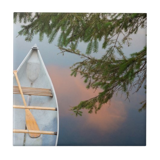 Kano op meer bij zonsondergang, Canada Tegeltje (Voorkant)