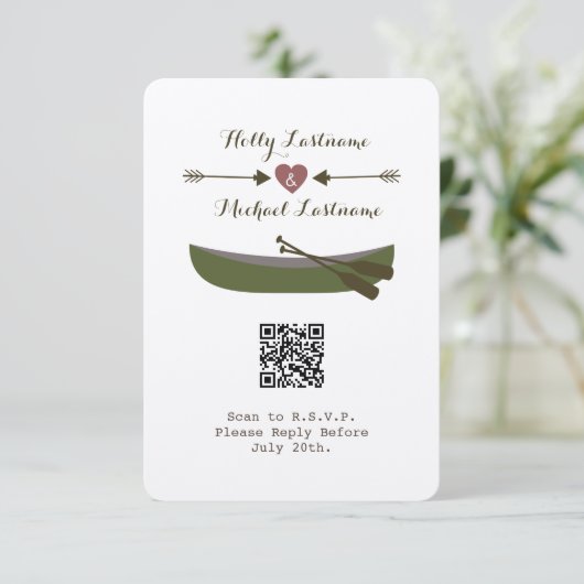 Kano + pijlen met QR-code voor harthuwelijk RSVP Kaartje (Staand voorkant)