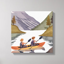 Kano-vaart op het meer | Berg Natuur Aquarel Canvas Afdruk