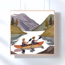 Kano-vaart op het meer | Berg Natuur Waterverf Poster