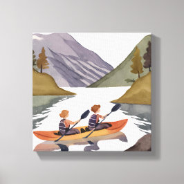 Kano-vaart op meer | Berg Natuur Aquarel Canvas Afdruk