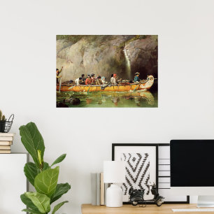 Kanoe beheerd door Voyageurs die een waterval pass Poster