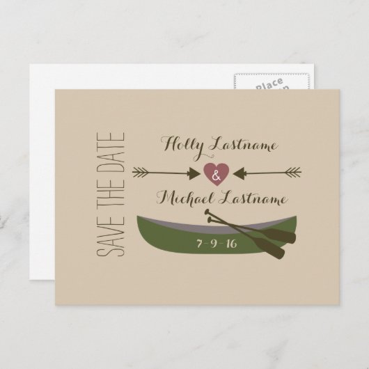 Kanoe + pijlen met hartslag sparen de datum aankondigingskaart (Voorkant / Achterkant)
