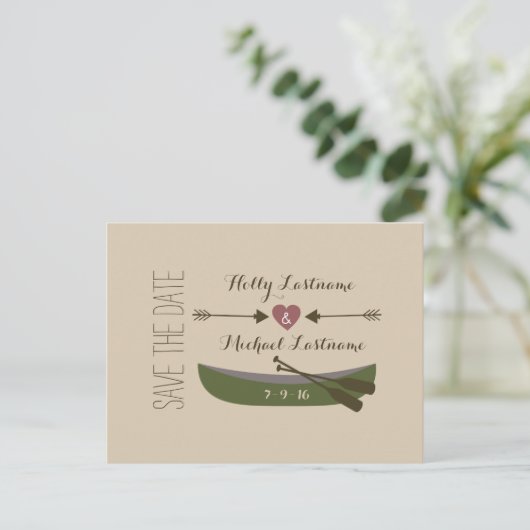 Kanoe + pijlen met hartslag sparen de datum aankondigingskaart (Staand voorkant)