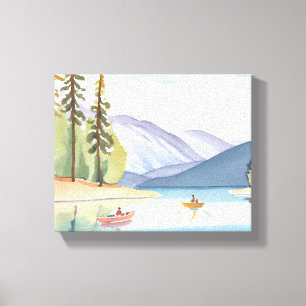 Kanoën op het meer Landschap aquarel Canvas Afdruk