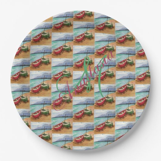 KANOES GEKOPPELD OP DE BEACH MONOGRAM PARTIJ PAPIEREN BORDJE (Voorkant)