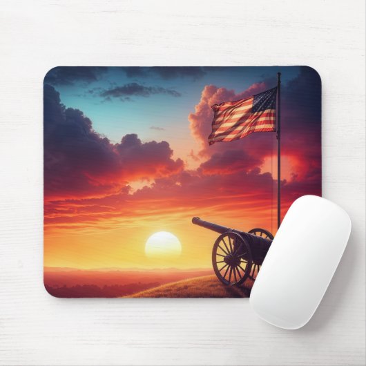 Kanon met Amerikaanse vlag bij zonsondergang Muismat (Met muis)