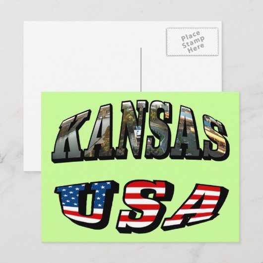 Kansas Afbeelding en USA Flag Font Briefkaart (Voorkant / Achterkant)