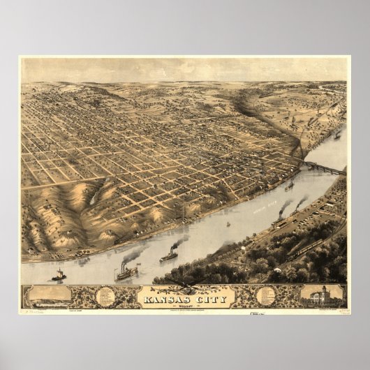 Kansas City Missouri 1869 Antiek Panorama Poster (Voorkant)