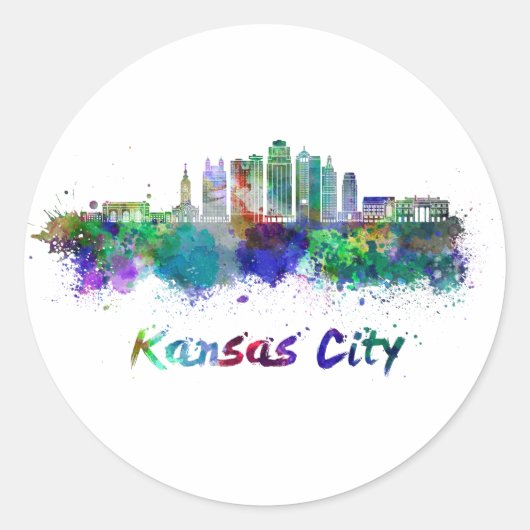 Kansas City V2 skyline in watercolor Ronde Sticker (Voorkant)