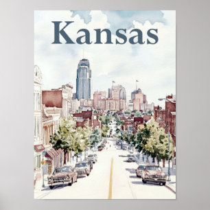 Kansas City Waterverf Schilderij Reizen Poster