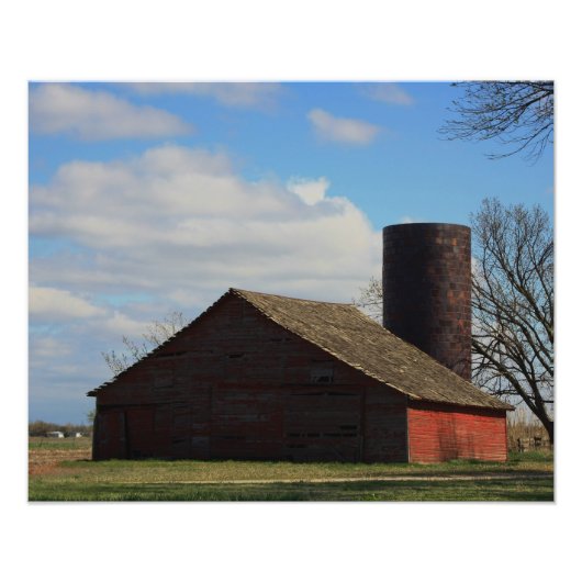 Kansas Country Red Barn met blauwe hemel Foto Afdruk (Voorkant)