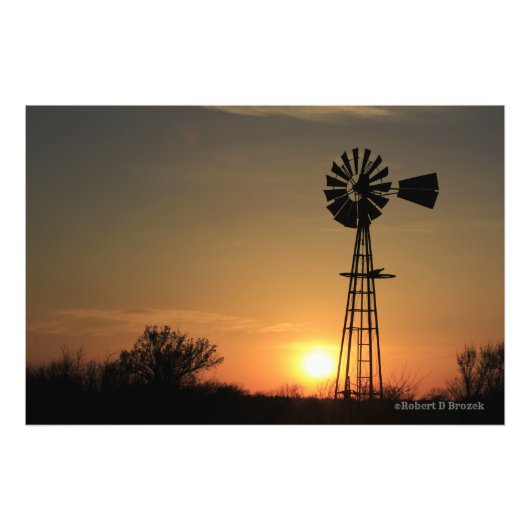 Kansas Country Sunset met Windmill Silhouette Foto Afdruk (Voorkant)