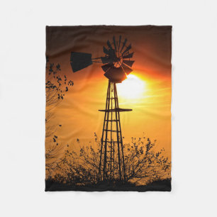 Kansas Golden Sunset met een windmolensilhouet Fleece Deken