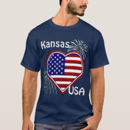 Kansas Juli 4e Vuurwerk Heart Flag Navy T shirt