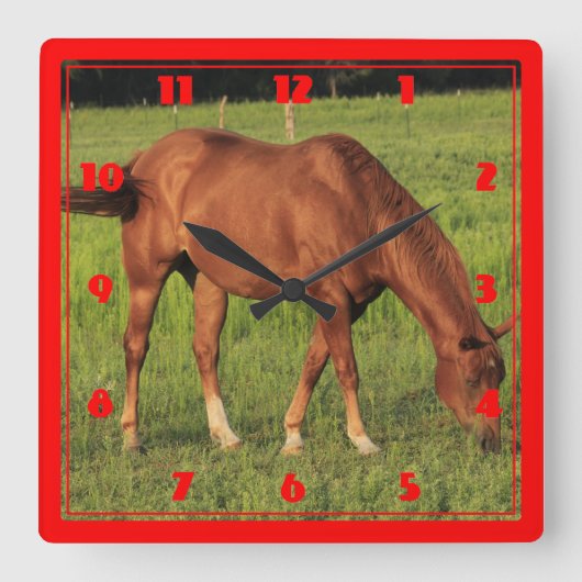Kansas Red Horse Vierkante Klok (Voorkant)