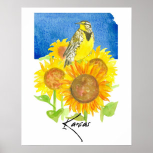Kansas Staatsvorm Weideleeuwerik Zonnebloemen  Poster