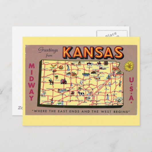Kansas State Map Briefkaart (Voorkant / Achterkant)