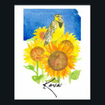 Kansas State Shape Meadowlark Sunflowers Poster<br><div class="desc">A poster decorated with a western meadowlark bird in a field of bright blooming sunflowers in summer over the state shape in royal blue drawn with pen and ink and painted with watercolor. Inspired by the state bird and state flower of Kansas. Great for college dorm room decor or anyone...</div>
