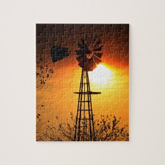 Kansas Sunset met boerderij Windmill silhouette Ji Legpuzzel (Verticaal)