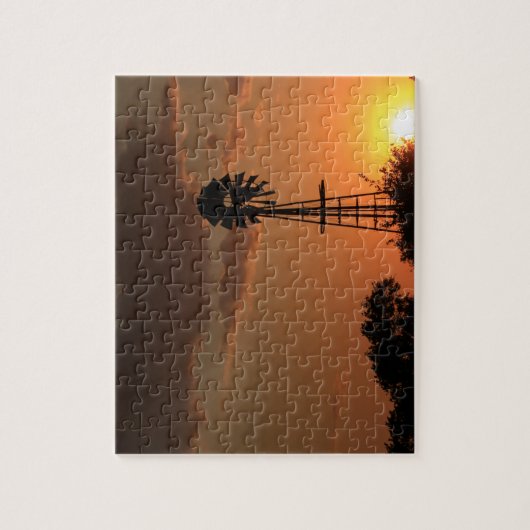 Kansas Sunset met boerderij Windmill silhouette Ji Legpuzzel (Verticaal)