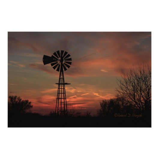 Kansas Sunset met een Windmill Fotouitbreiding Foto Afdruk (Voorkant)