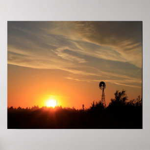 Kansas Sunset met een windmolensilhouet Poster