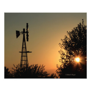 Kansas Sunset met Windmill Fotouitbreiding Foto Afdruk