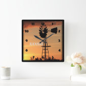 Kansas Sunset met Windmill Silhouette Vierkante Klok (Huis)