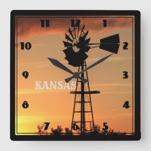 Kansas Sunset met Windmill Silhouette Vierkante Klok