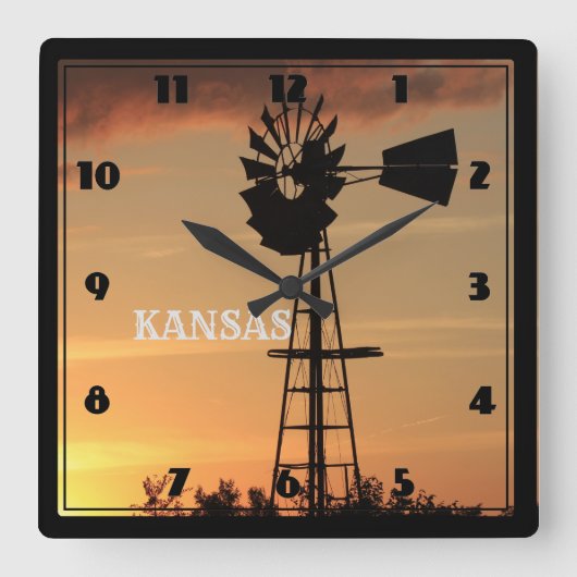 Kansas Sunset met Windmill Silhouette Vierkante Klok (Voorkant)