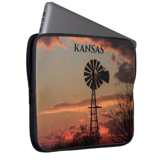 Kansas Sunset Windmill Silhouette Electronics Bag Laptop Sleeve (Voorkant Rechts)
