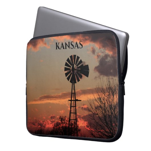 Kansas Sunset Windmill Silhouette Electronics Bag Laptop Sleeve (Voorkant Links)