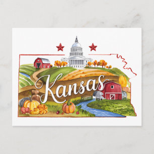 Kansas USA Staat Vorm Vintage Waterverf Briefkaart